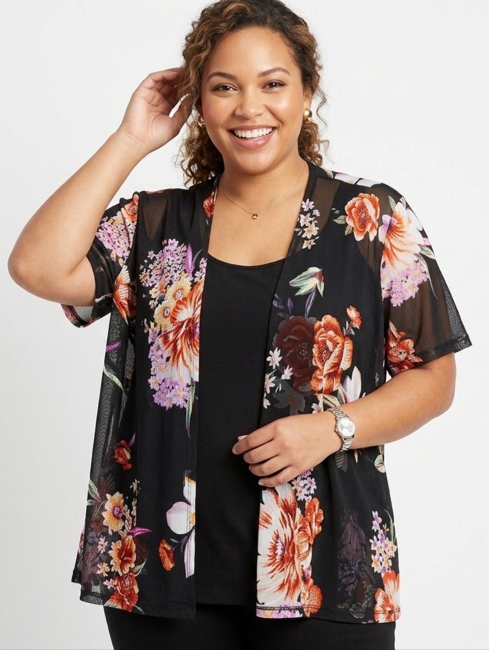STITCH Collection Plus Size Sheer Floral Kimono & Black Top